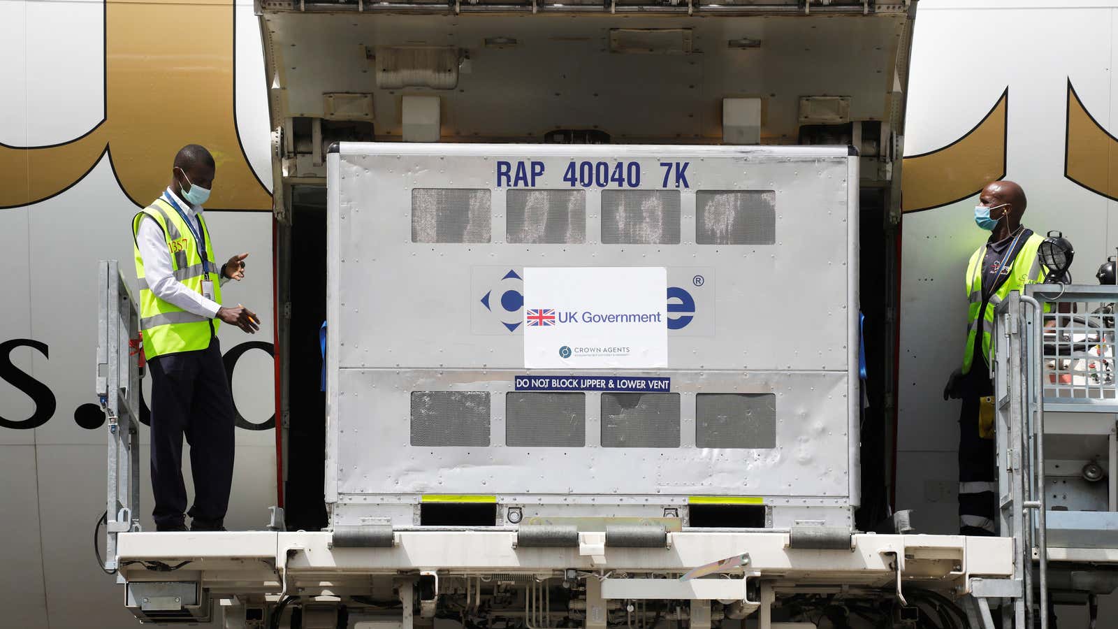 A shipment of donated covid-19 vaccine doses at the Jomo Kenyatta International Airport in Nairobi.