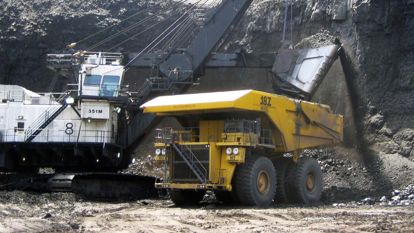 A shovel prepares to dump a load of coal into a truck at the Arch Coal mine in Wyoming.