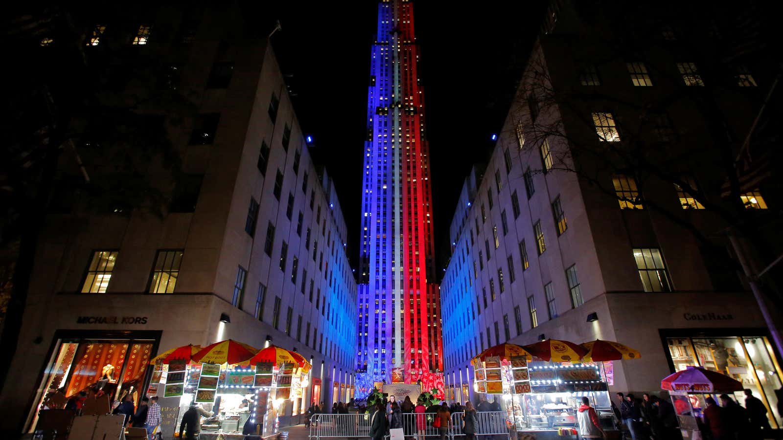 30 Rockefeller Plaza is lit in the colors of the Democratic and Republican parties ahead of the US presidential election in Manhattan.