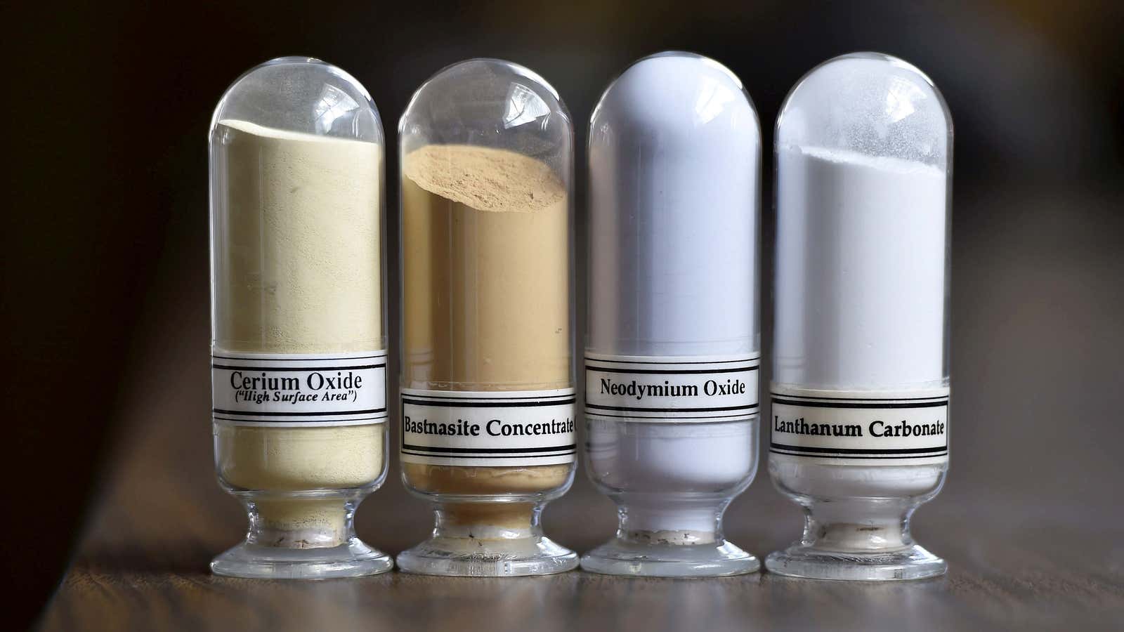 Samples of rare earth minerals from left: Cerium oxide, Bastnaesite, Neodymium oxide and Lanthanum carbonate at Molycorp’s Mountain Pass Rare Earth facility in Mountain Pass,…