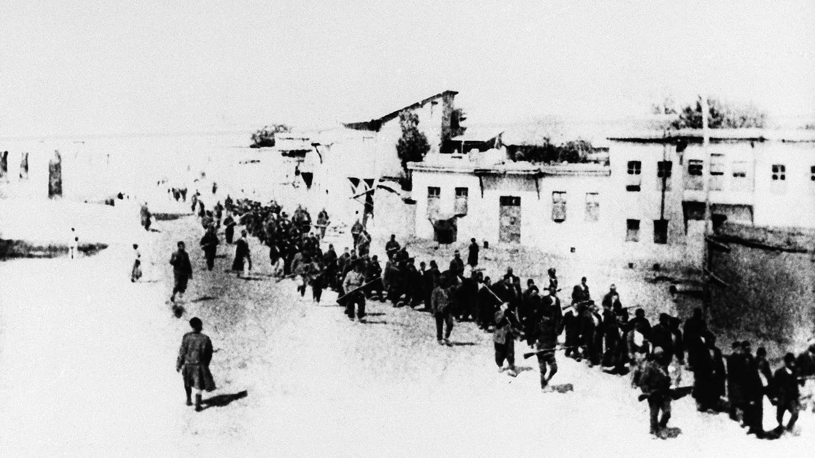 This is the scene in Turkey in 1915 when Armenians were marched long distances and said to have been massacred.