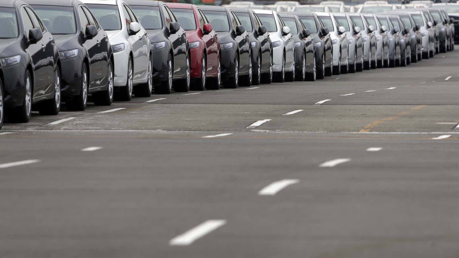 Autos ready to be exported at a port in Kawasaki.