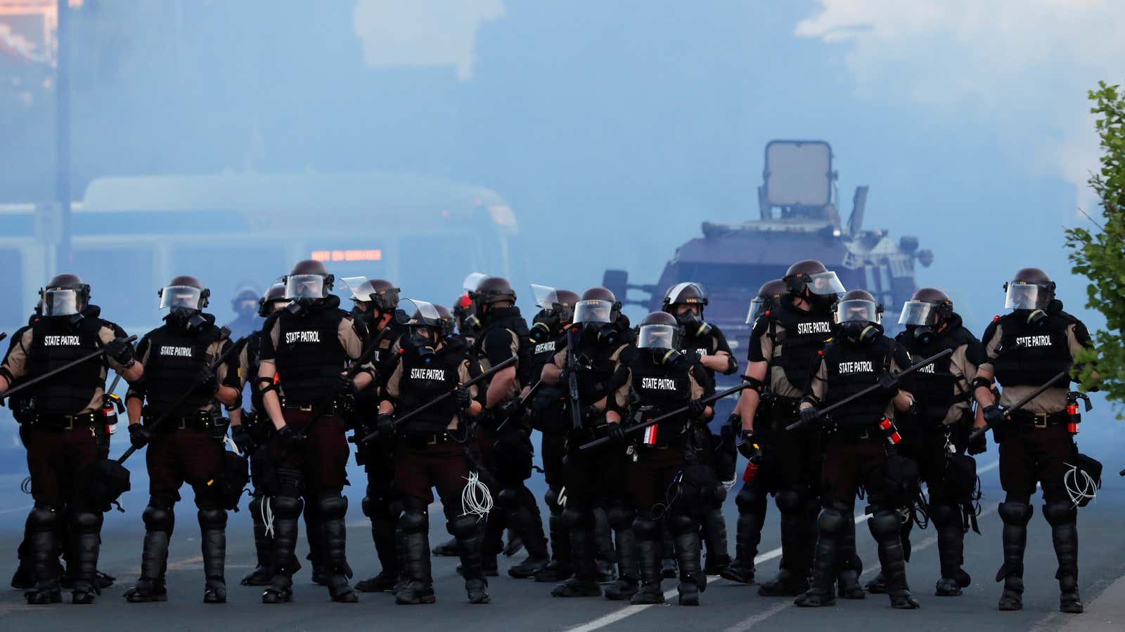 Security forces stand guard during a protest against the death in Minneapolis police custody of George Floyd.