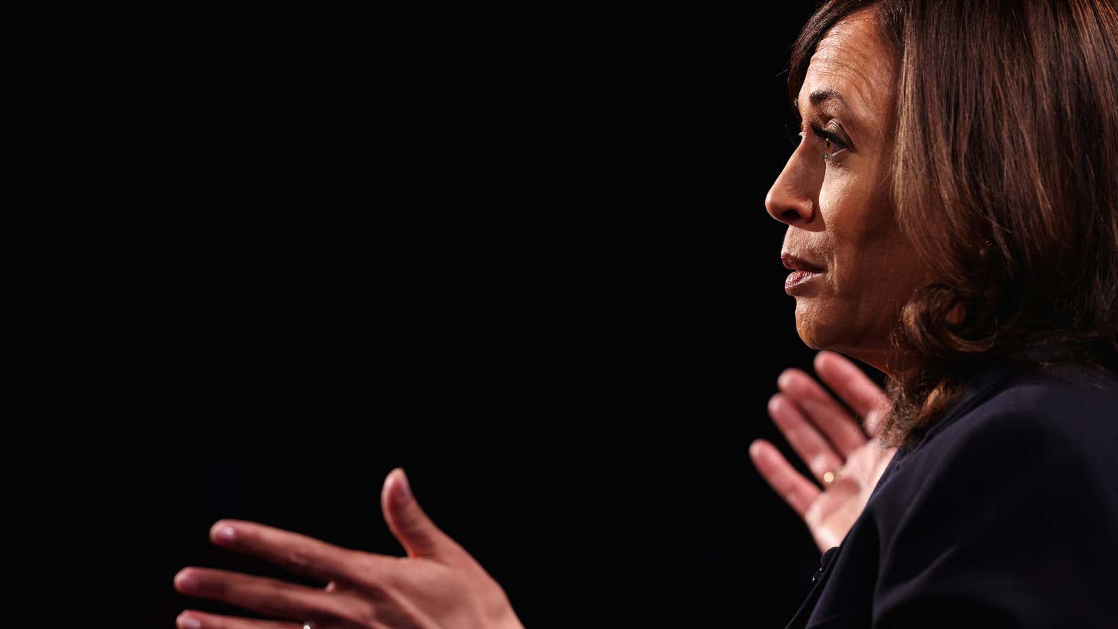 Democratic vice presidential nominee and U.S. Senator Kamala Harris speaks during the 2020 vice presidential debate with the U.S. Vice President Mike Pence (not pictured)…