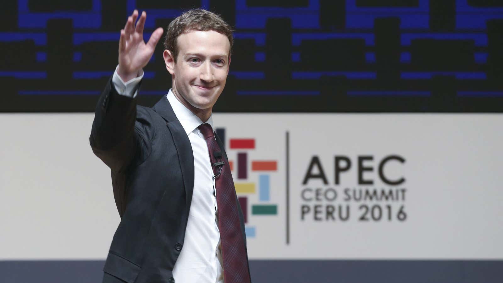 Mark Zuckerberg, chairman and CEO of Facebook, at the CEO summit during the annual Asia Pacific Economic Cooperation (APEC) forum in Lima, Peru, Saturday, Nov.…