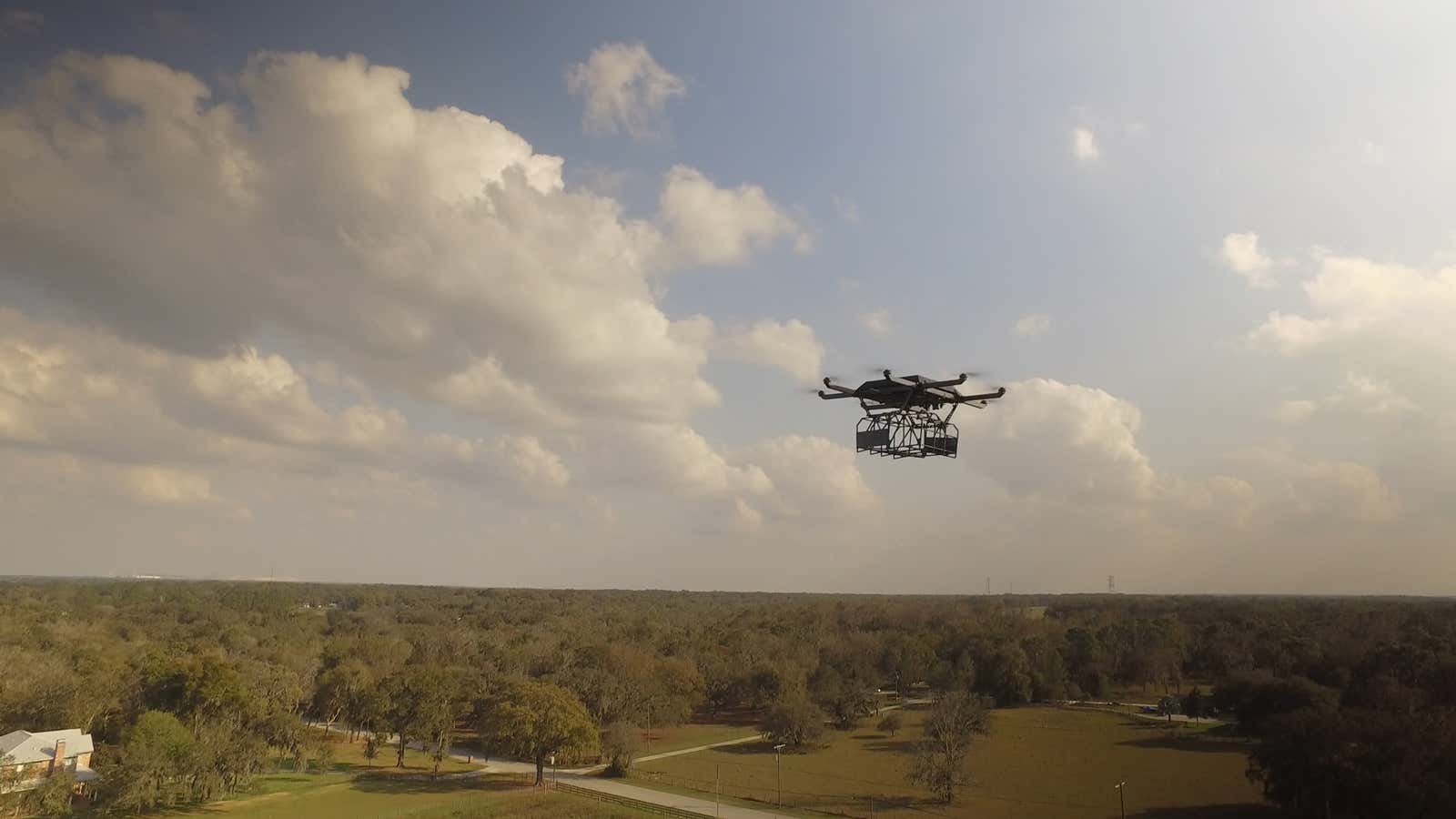 A UPS drone out on a delivery.