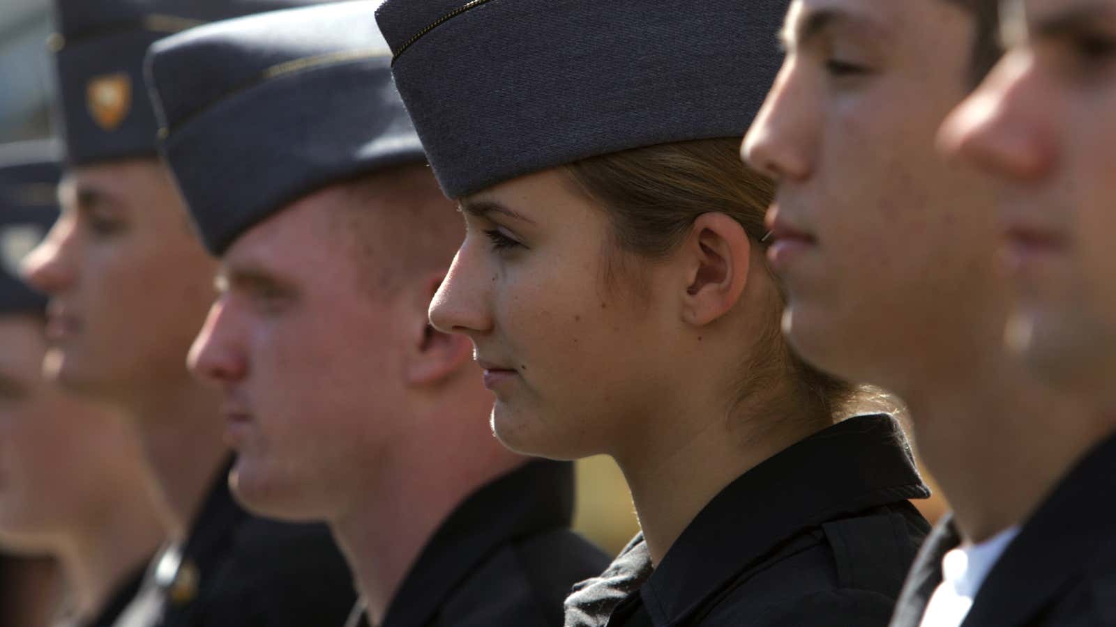 Cadet Karyn Powell stands in at midday formation at the United States Military Academy at West Point, N.Y.