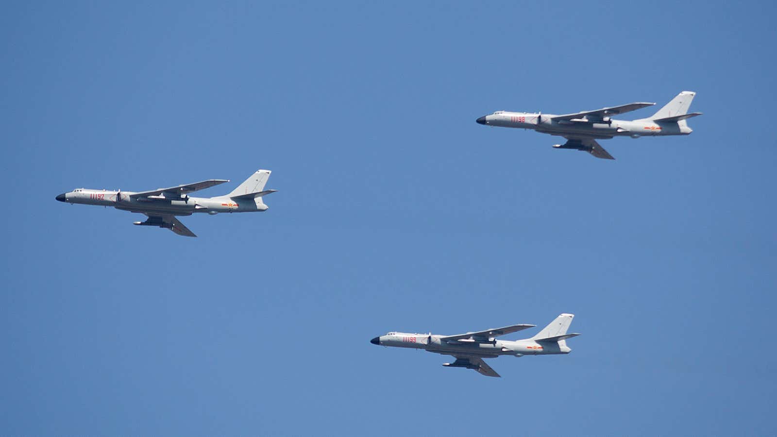 Chinese H-6Ks fly during a military parade in Beijing.