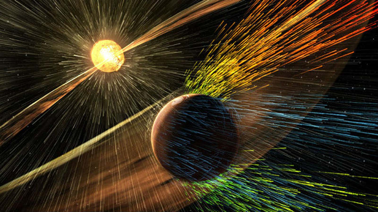 An artist’s depiction of a solar storm hitting Mars.