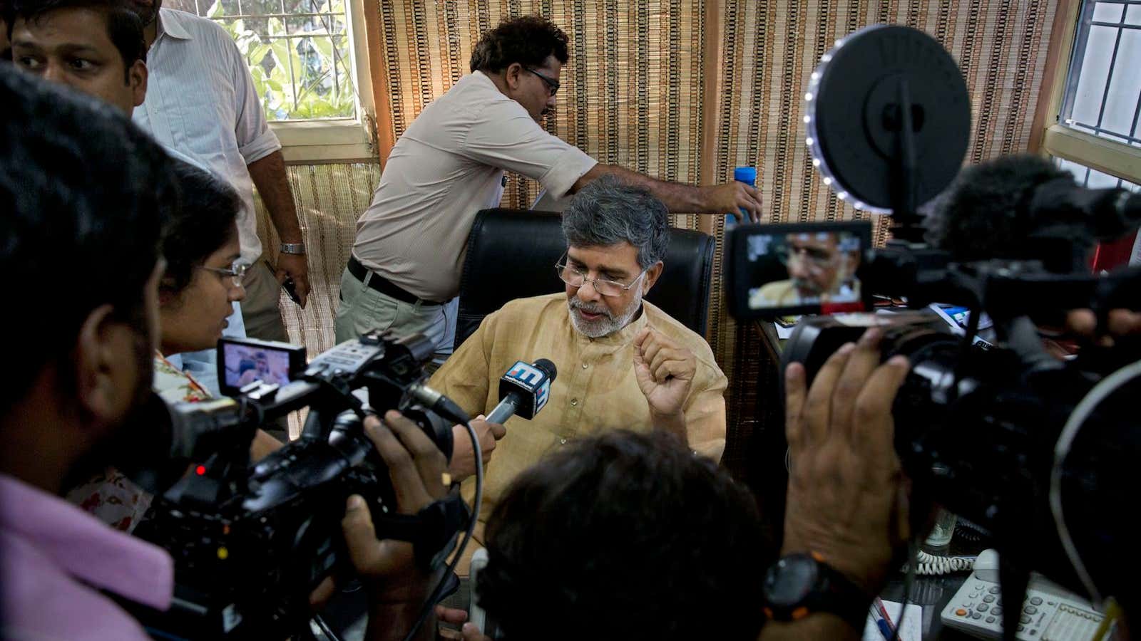 Kailash Satyarthi in his office after the Nobel announcement.