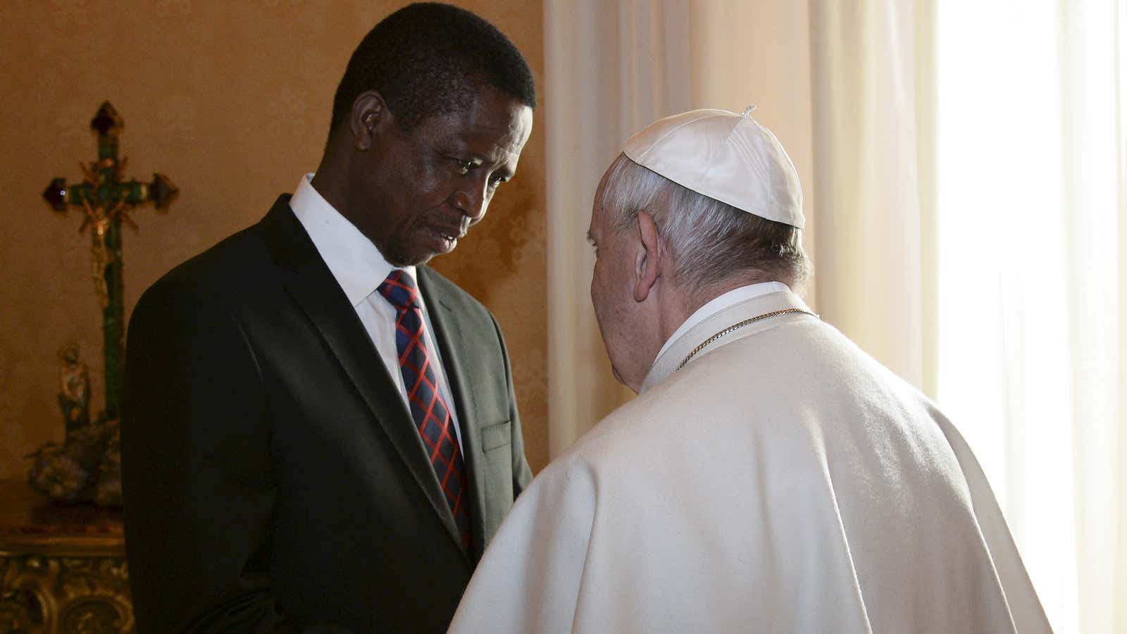 Zambian president Lungu with the Pope Francis in February. “Can you help with the kwacha?”