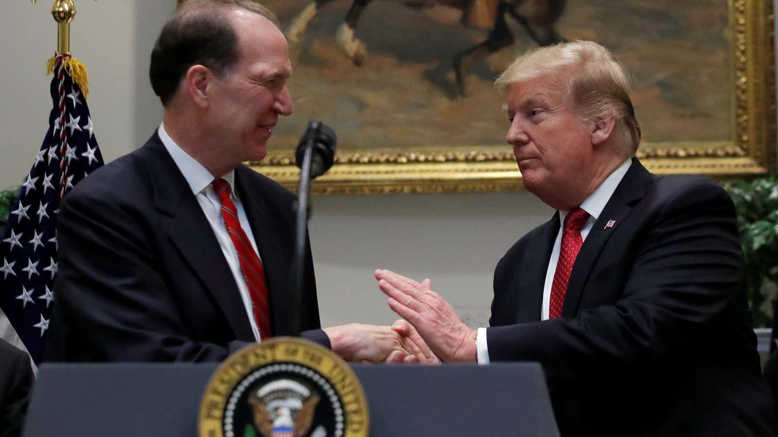 U.S. President Donald Trump introduces the David Malpass at the White House, Feb. 6.