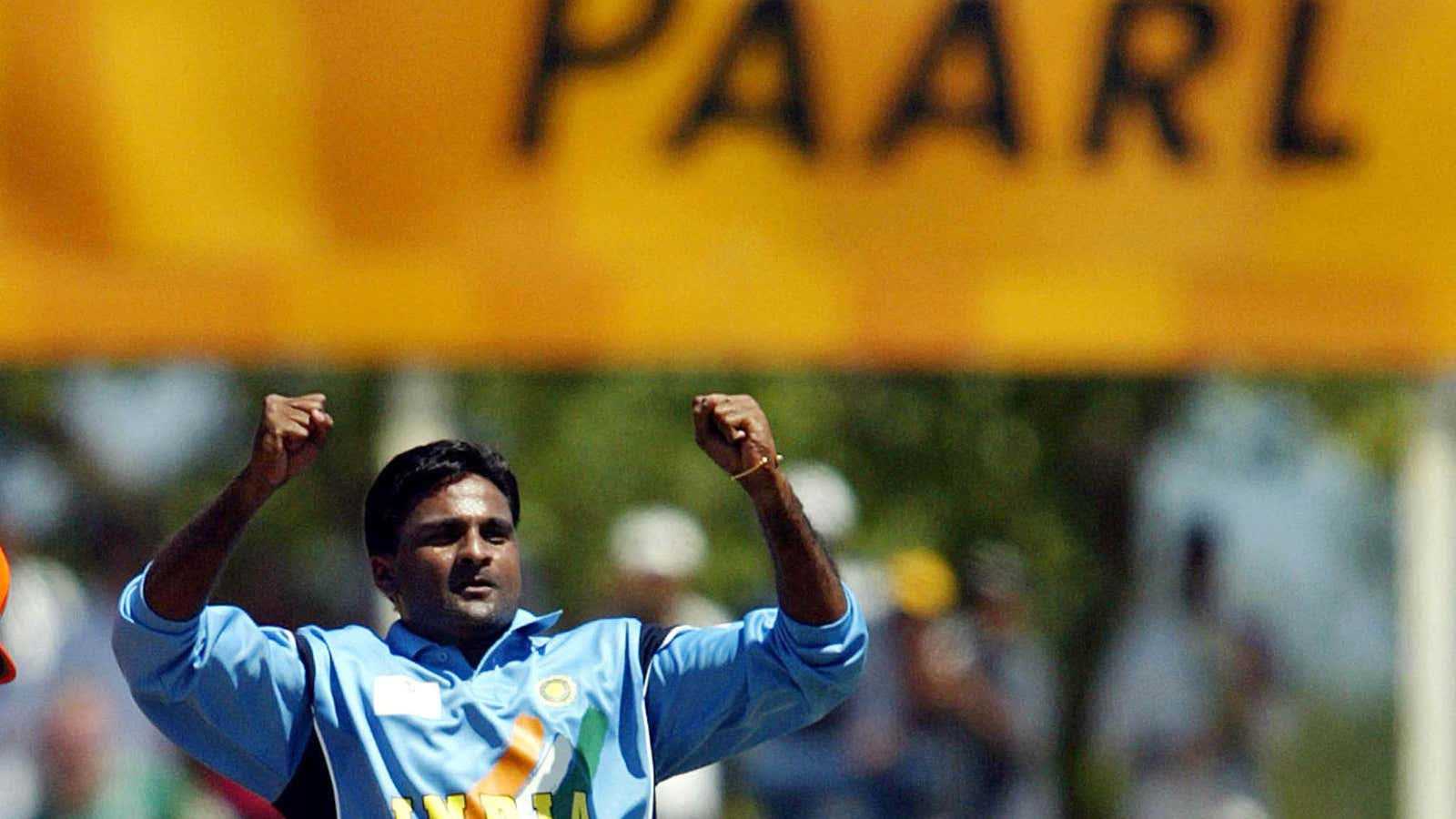 Javagal Srinath celebrates after taking a wicket during a preliminary cricket 2003 World Cup
match between India and Holland.