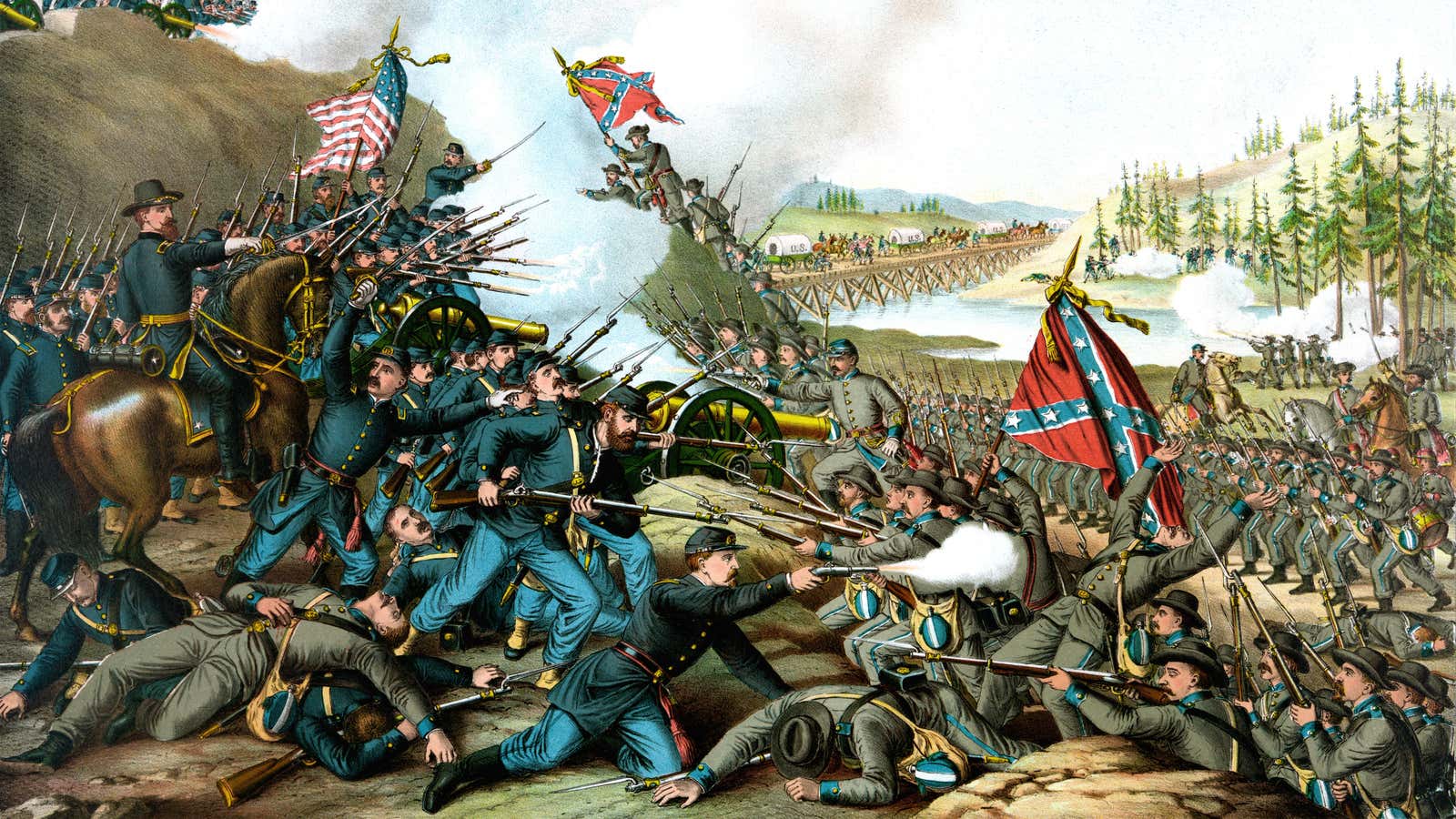 Union and Confederate troops clash at the Battle of Franklin in Tennessee, 1864.