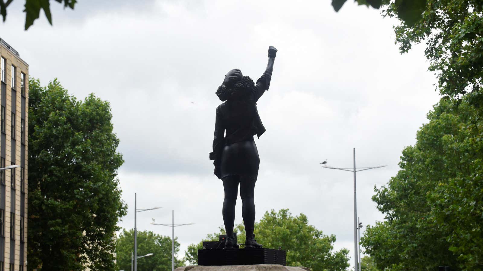 The image of a protestor replaced the statue of Edward Colston, a slave trader, in Bristol, England.