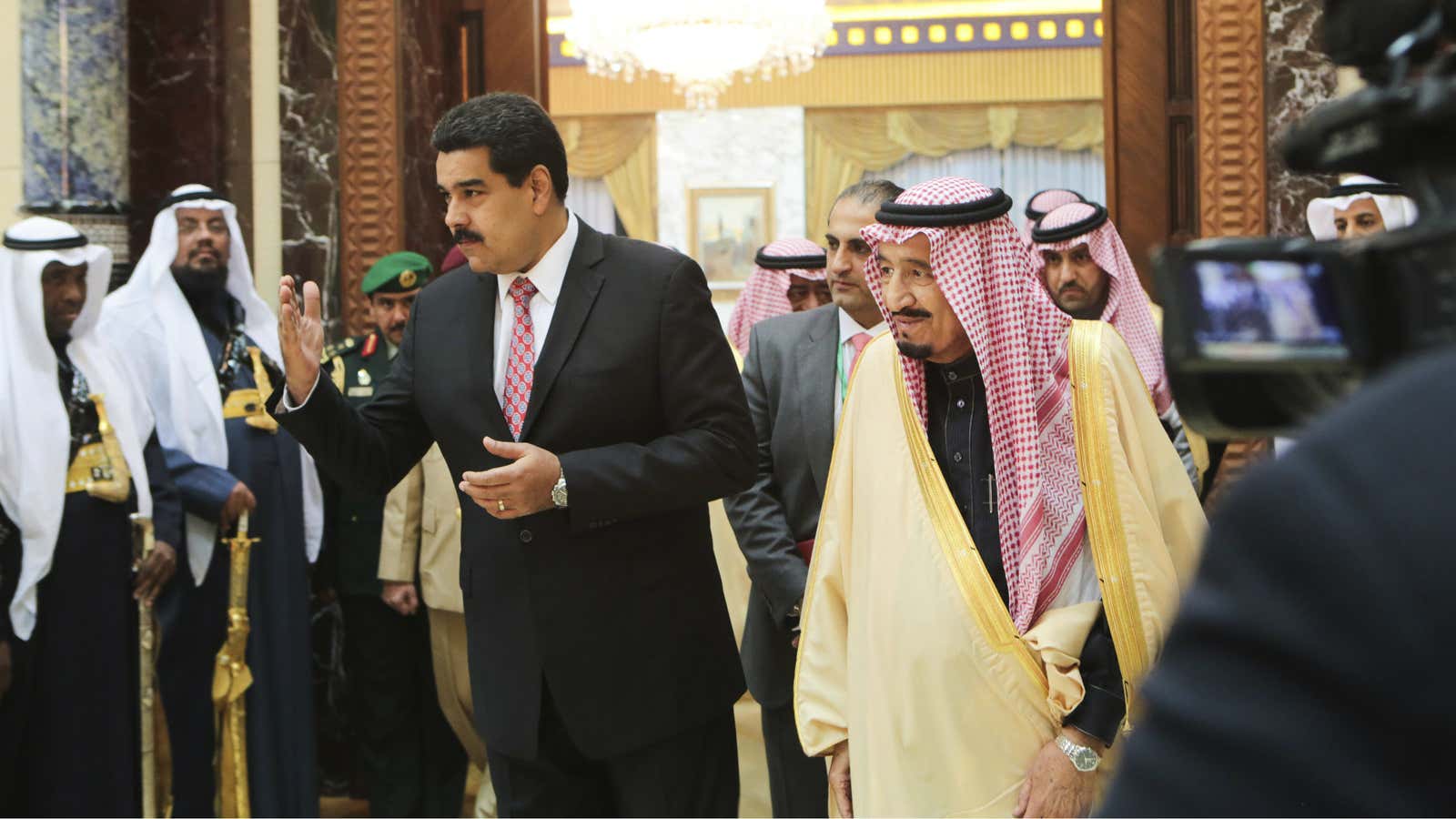 Venezuela’s Maduro asked OPEC brethren for cash help and a production cut. Here with Saudi’s Crown Prince Salman.