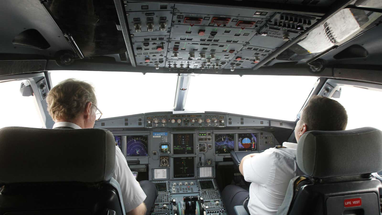 Inside the cockpit of an A320 aircraft.