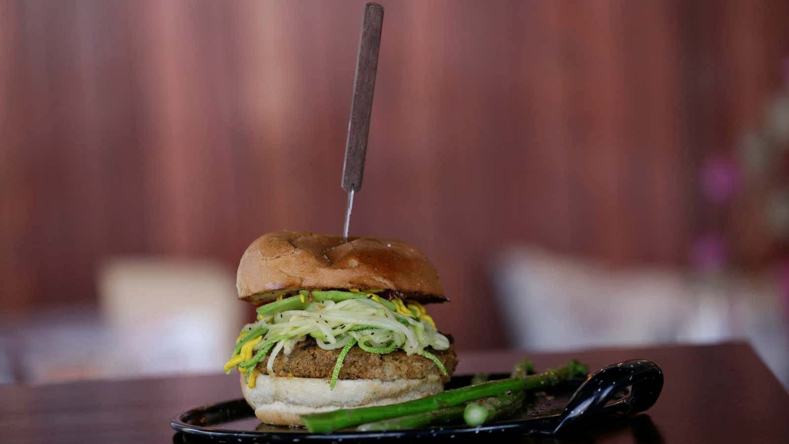 A vegan oat and chickpeas hamburger.