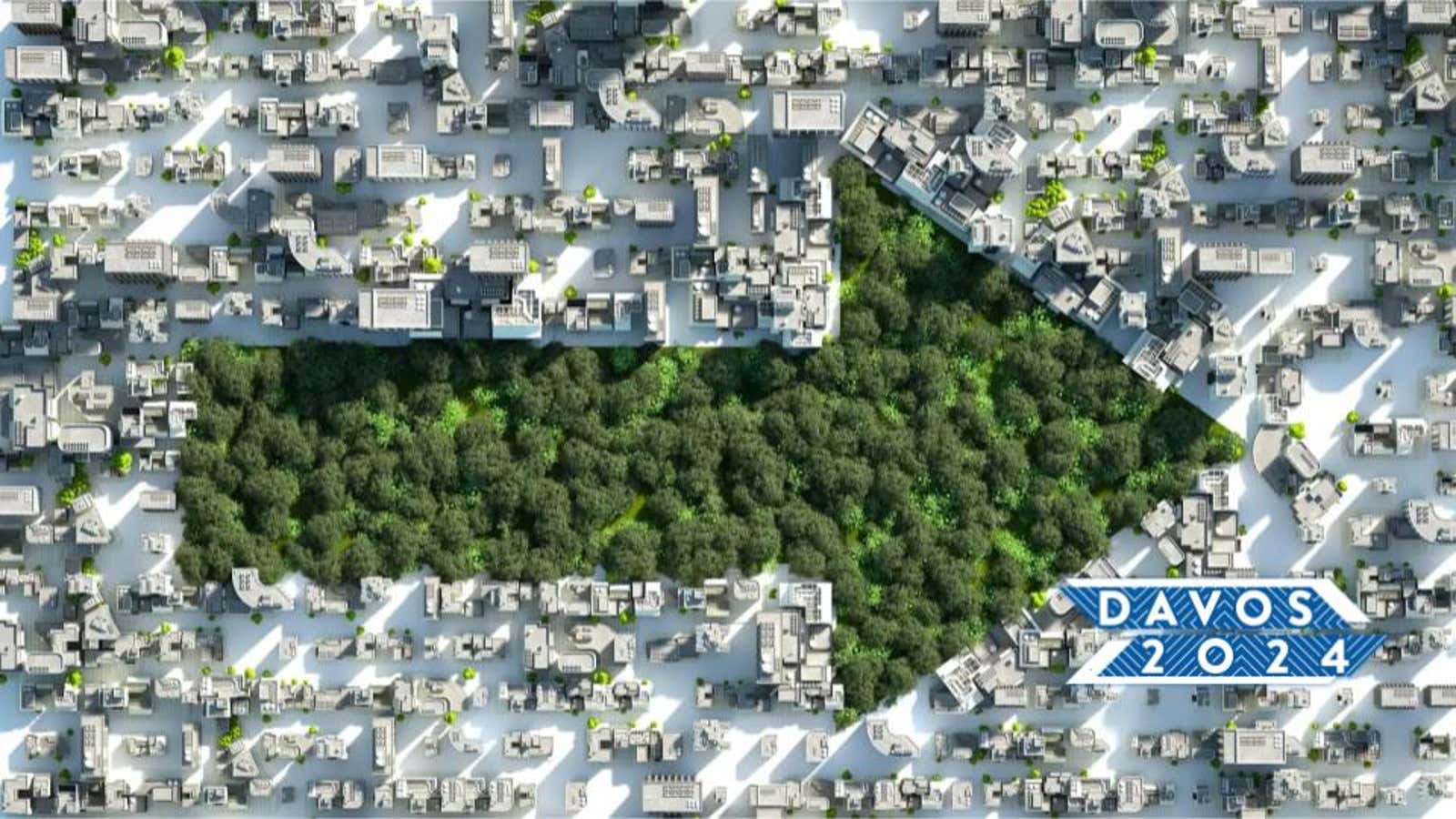 A digitally generated image of an urban area with park inside shaped like an arrow