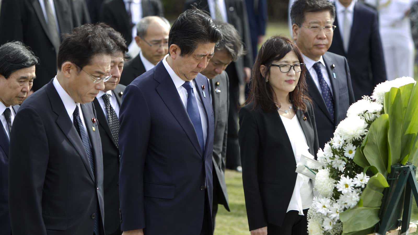 Shinzo Abe at the Ehime Maru Memorial at Kakaako Waterfront Park in Honolulu.