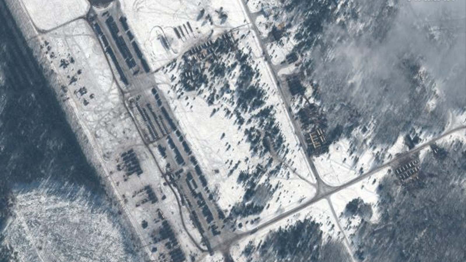 A satellite image of troops in Belarus, near the Ukraine border.