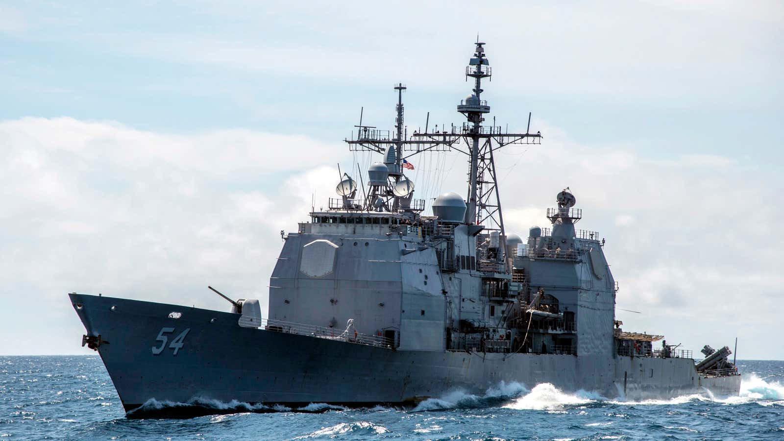 The guided missile cruiser USS Antietam, one of two warships the US Navy dispatched to a disputed island chain.