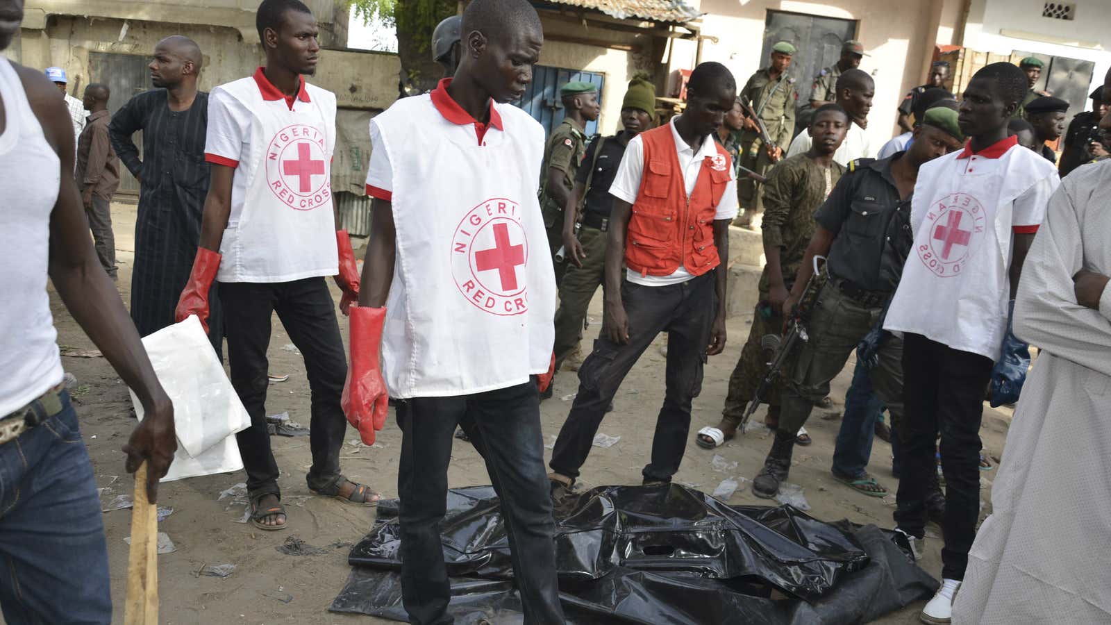 Rescue workers in Maiduguri, northern Nigeria on May 30, after a suspected Boko Haram attack