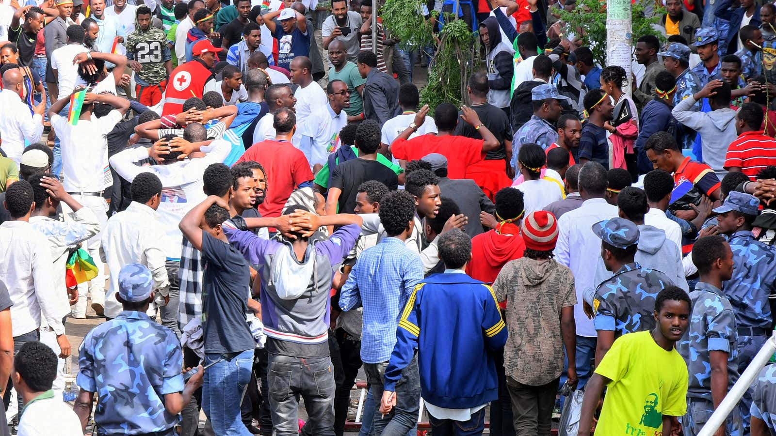 Ethiopians react after an explosion during a rally in support of the new Prime Minister Abiy Ahmed in Addis Ababa, Ethiopia June 23, 2018.