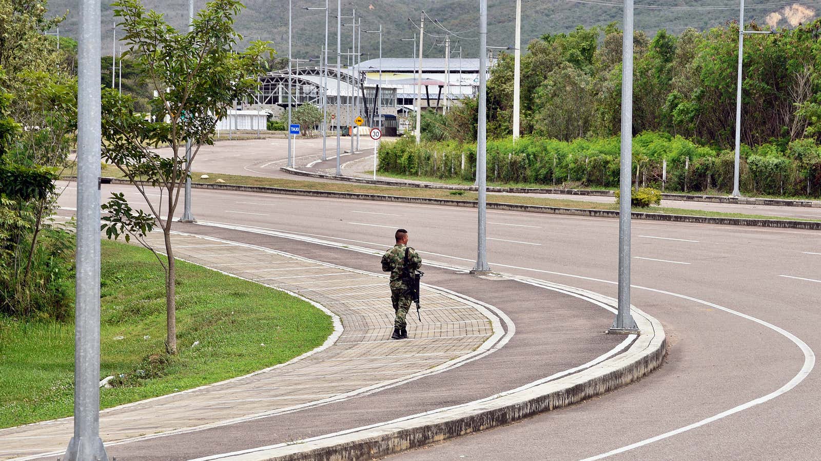 A soldiers patrols at the entrance of Tienditas International Bridge which connects Venezuela with Colombia on September 25, 2022 in Cucuta, Colombia.