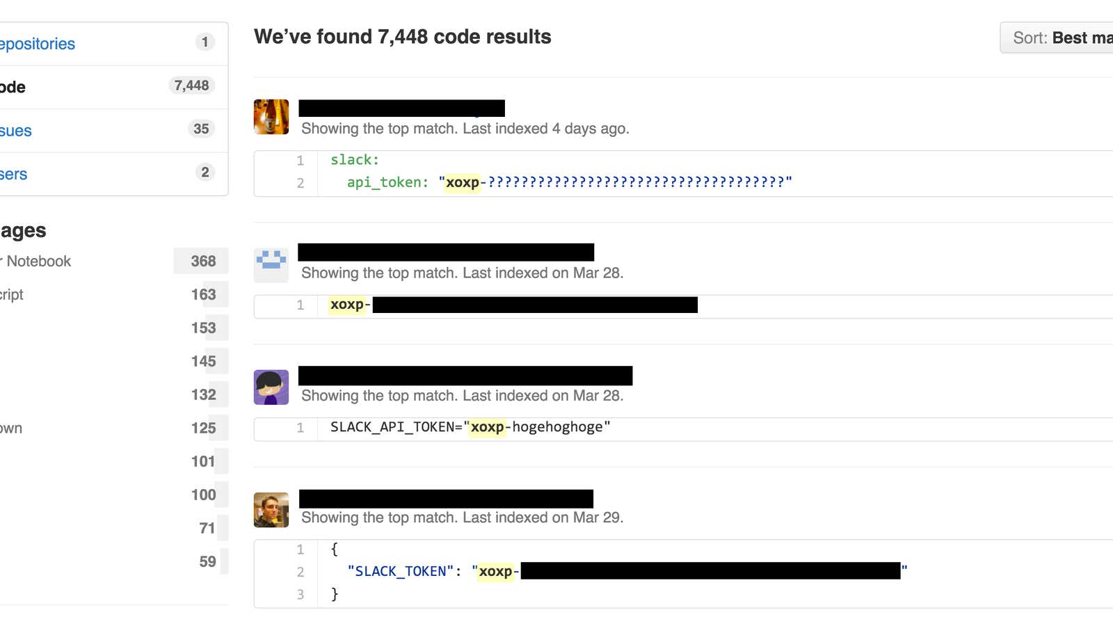 A code search on GitHub