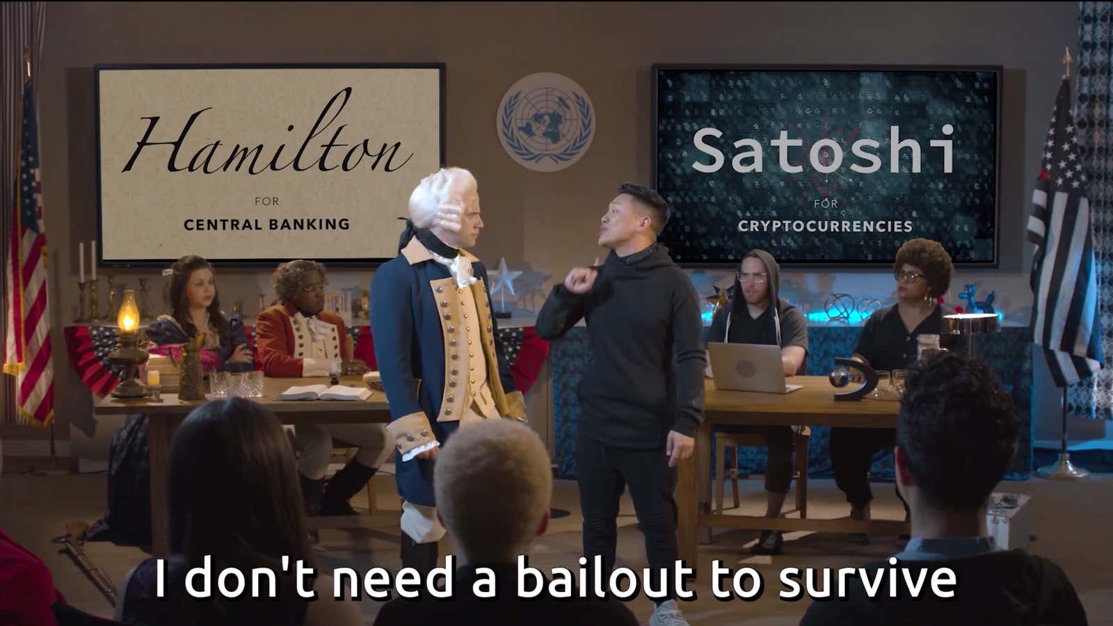 Alexander Hamilton (Lloyd Ahlquist) and Satoshi Nakamoto (Timothy DeLaGhetto).