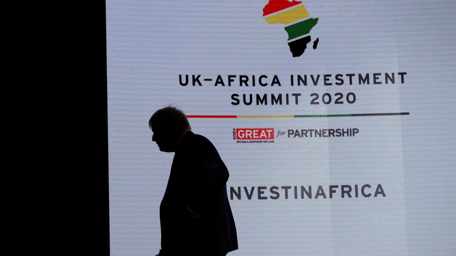 Britain’s Prime Minister Boris Johnson walks off stage after speaking at the UK-Africa Investment Summit in London, Britain Jan. 20, 2020.