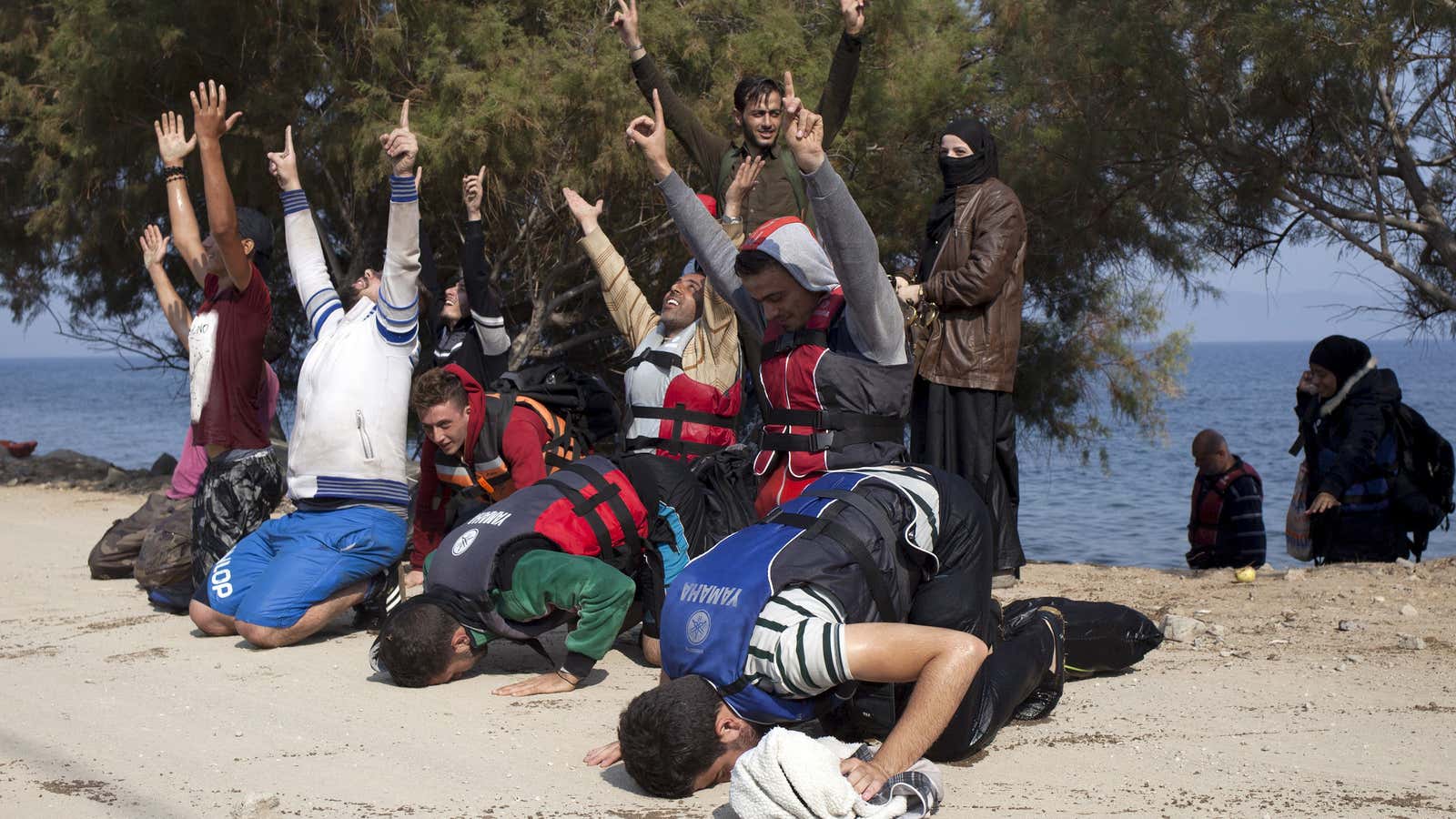 Refugees arrive on the Greek island of Lesbos.