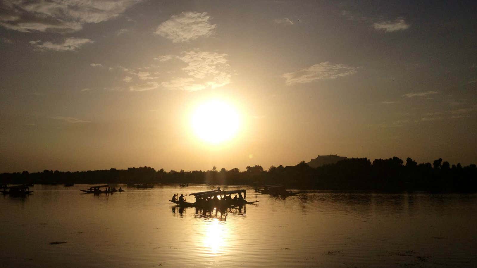 Dal Lake in Kashmir at sunset.