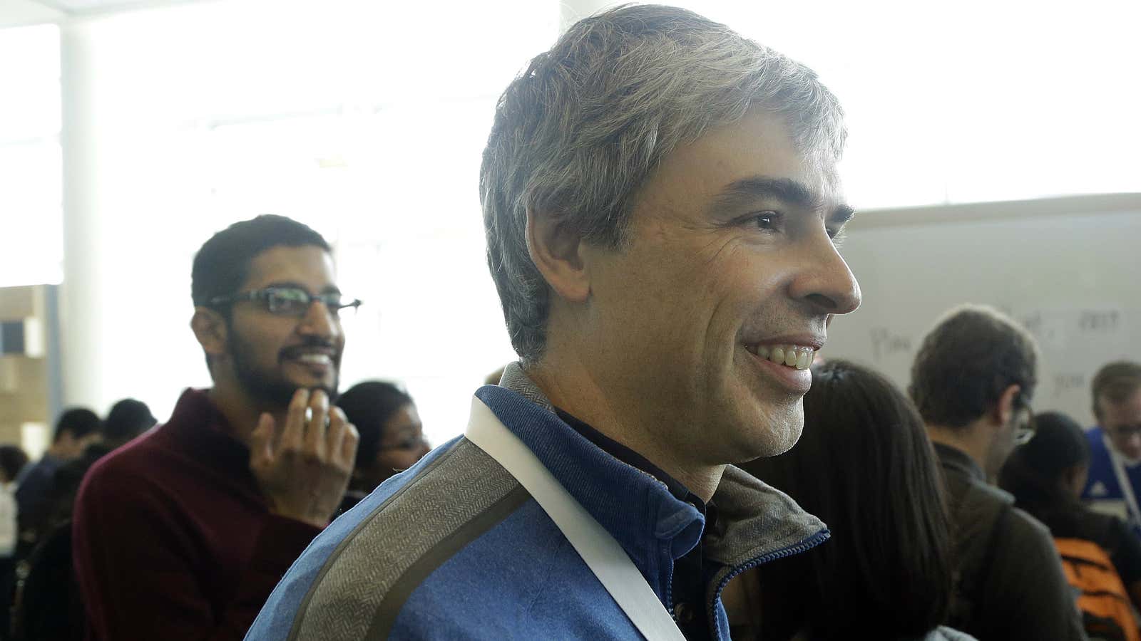 Future Alphabet CEO Larry Page, right, and future Google CEO Sundar Pichai, left.