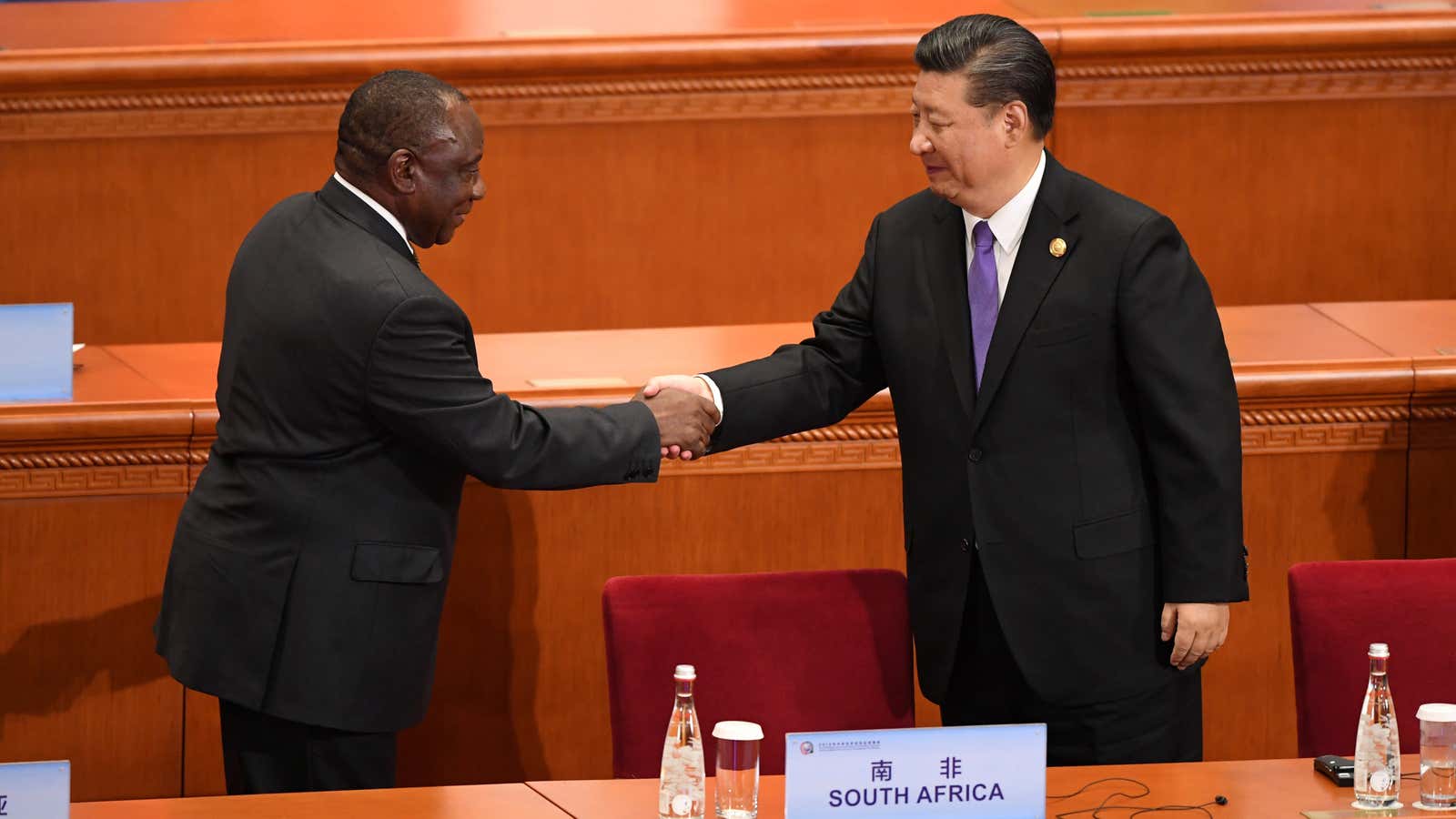 South Africa’s President Cyril Ramaphosa, left, shakes hands with China’s President Xi Jinping in Beijing Sept 3, 2018.