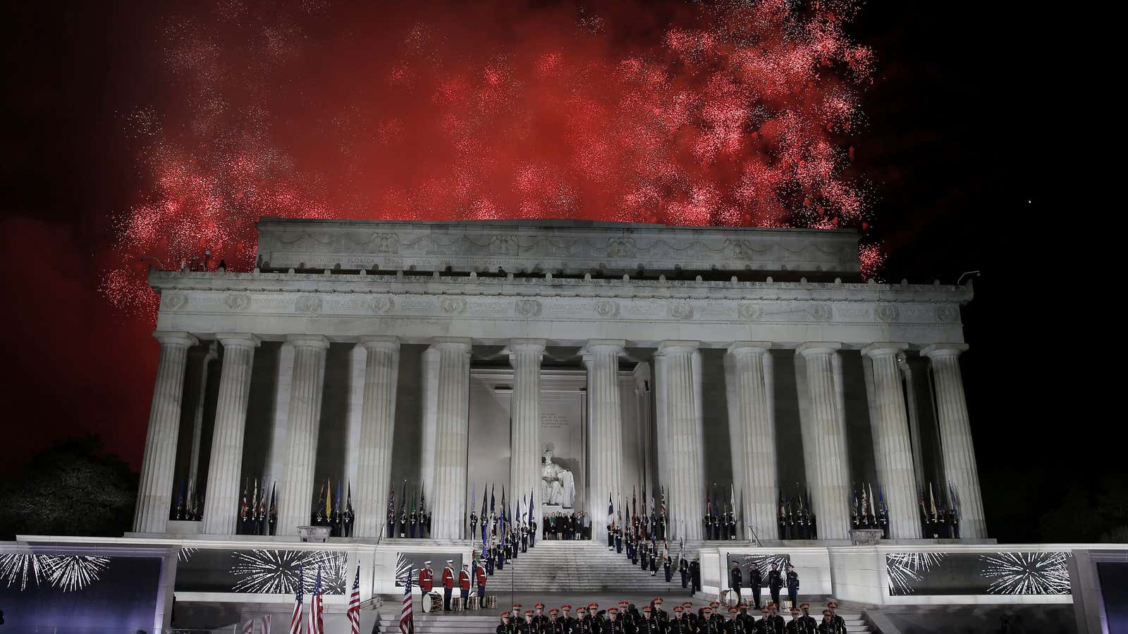 Fireworks explode over the Lincoln Memorial after the “Make America Great Again! Welcome Celebration” concert.