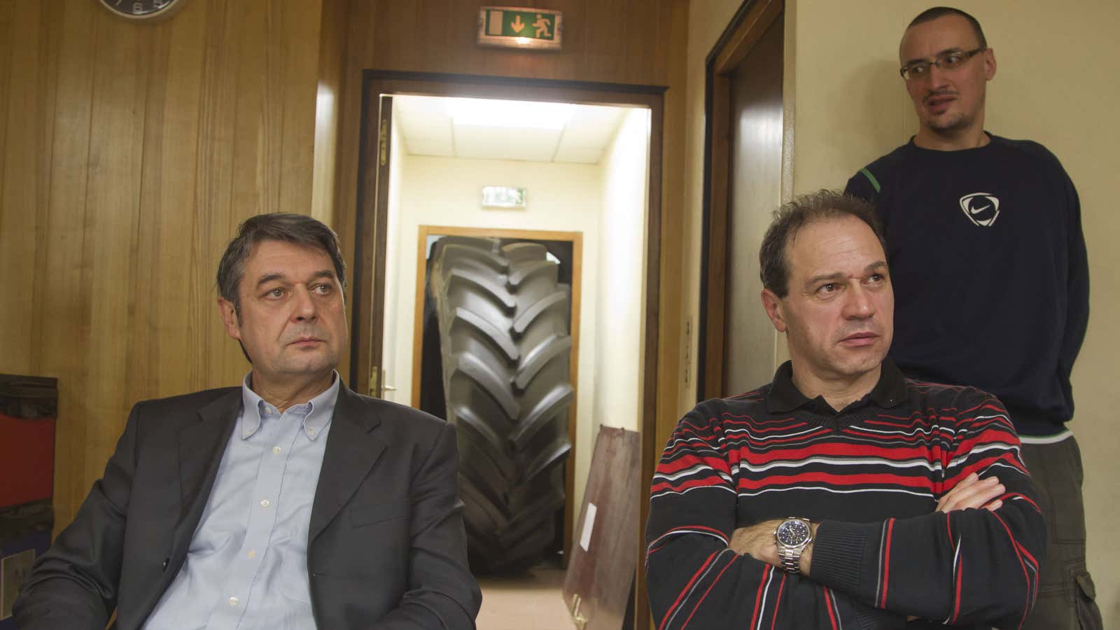 Goodyear managers Bernard Glesser, left, and  Michel Dheilly are held at the factory in Amiens.