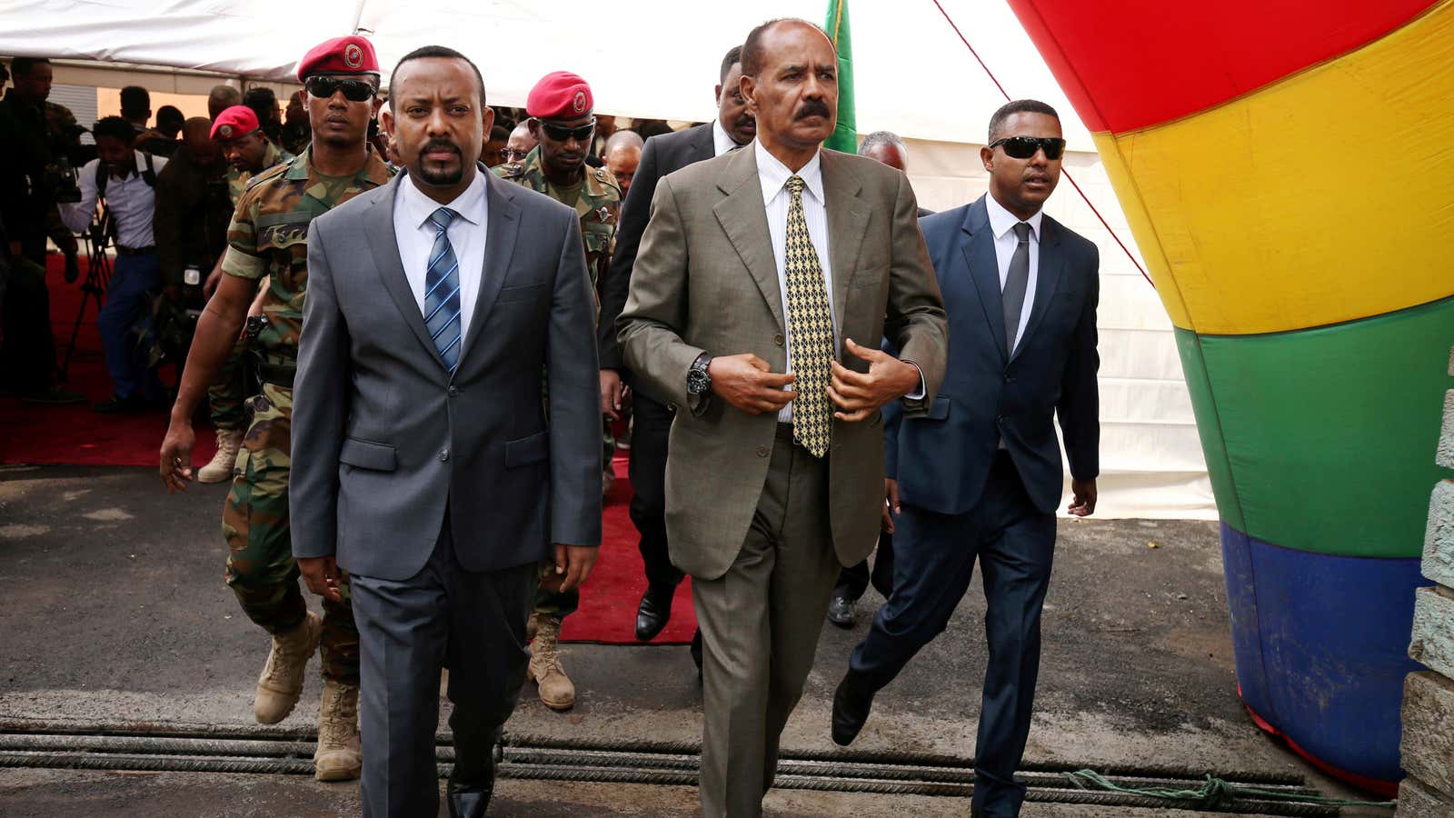 Eritrea’s President Isaias Afwerki R) and Ethiopia’s Prime Minister, Abiy Ahmed arrive for the reopening of the Eritrean embassy in Addis Ababa, Ethiopia July 16, 2018.