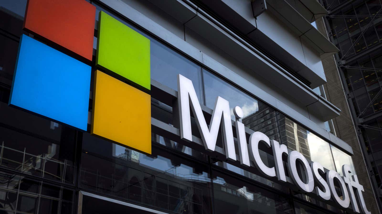 A Microsoft logo is seen on an office building in New York City on July 28, 2015.