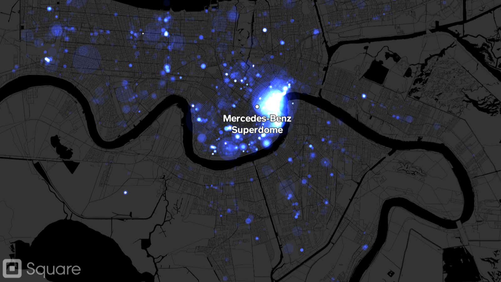 A heat map of sales conducted over Square’s mobile payment system during Super Bowl weekend.