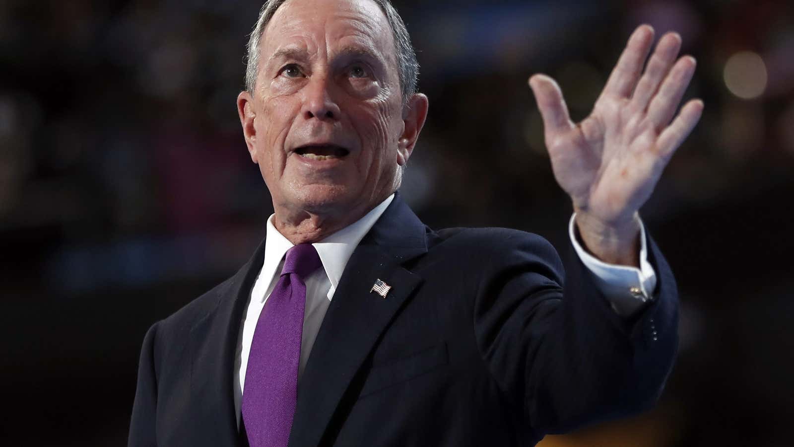 Former New York City Mayor Michael Bloomberg waves after speaking to delegates during the third day session of the Democratic National Convention in Philadelphia, Wednesday,…