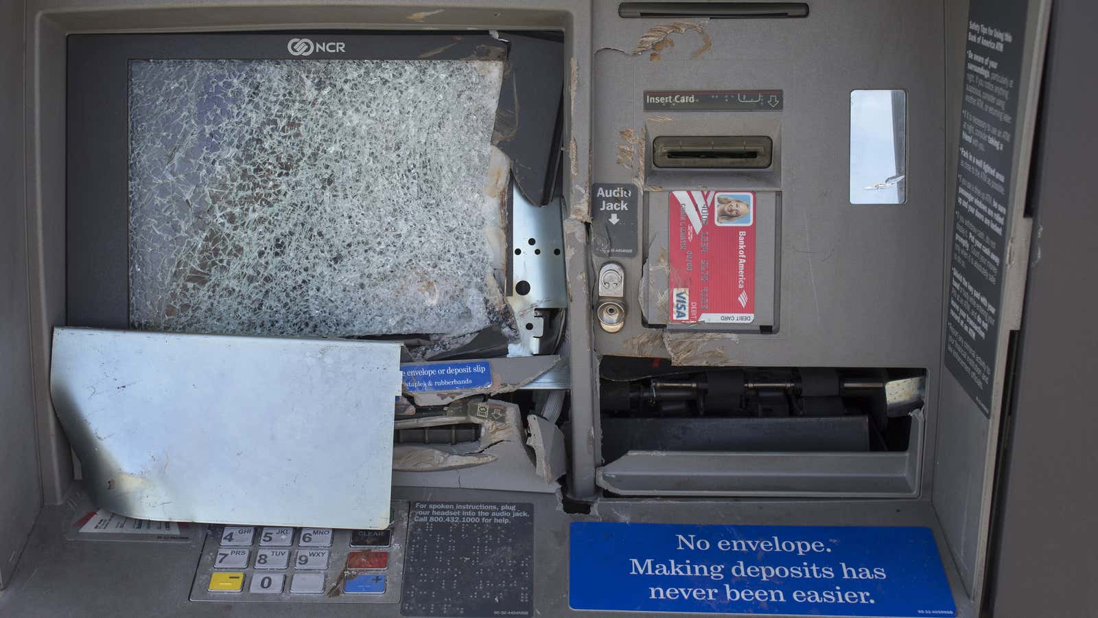 A destroyed Bank of America ATM is seen in Ferguson, Missouri November 29, 2014.