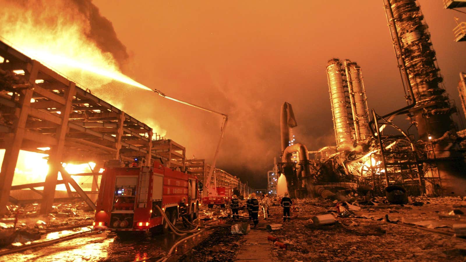 Firefighters at the site of a chemical plant explosion in Zhangzhou, in China’s Fujian province.