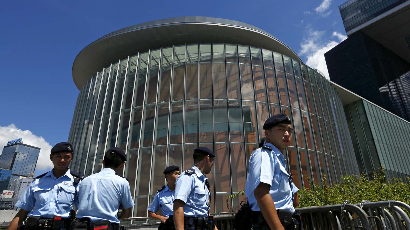 Police outside the Legislative Council building in Hong Kong in June.