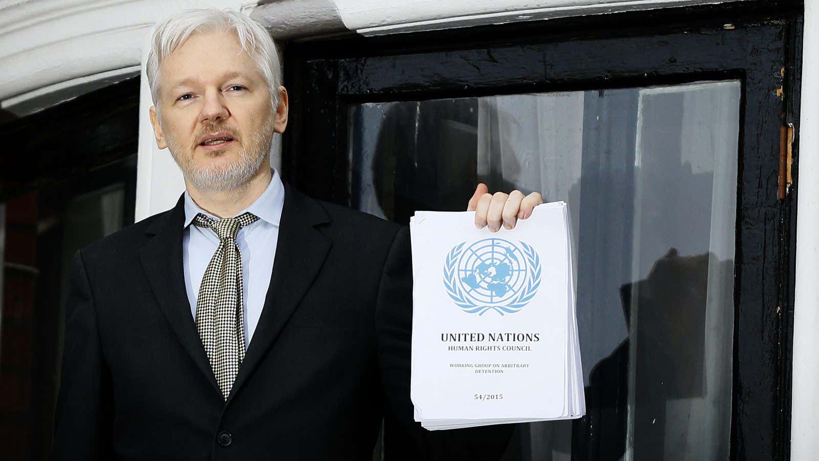 Wikileaks founder Julian Assange speaks on the balcony of the Ecuadorean Embassy in London, Friday, Feb. 5, 2016. A U.N. human rights panel says WikiLeaks…