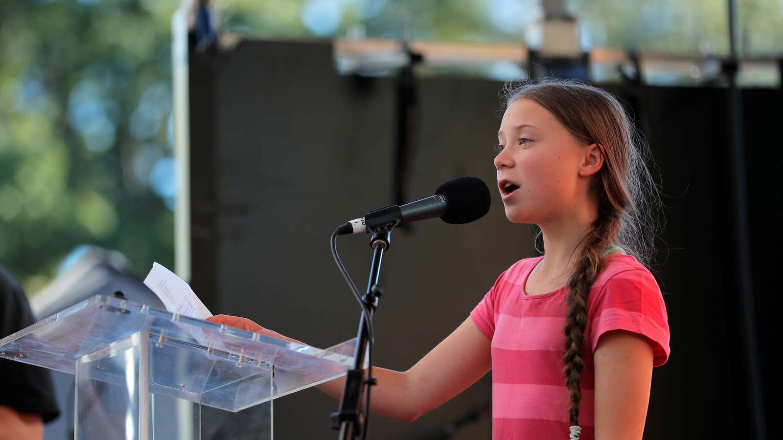 Greta Thunberg addresses the crowd at the Global Climate Strike in Manhattan.