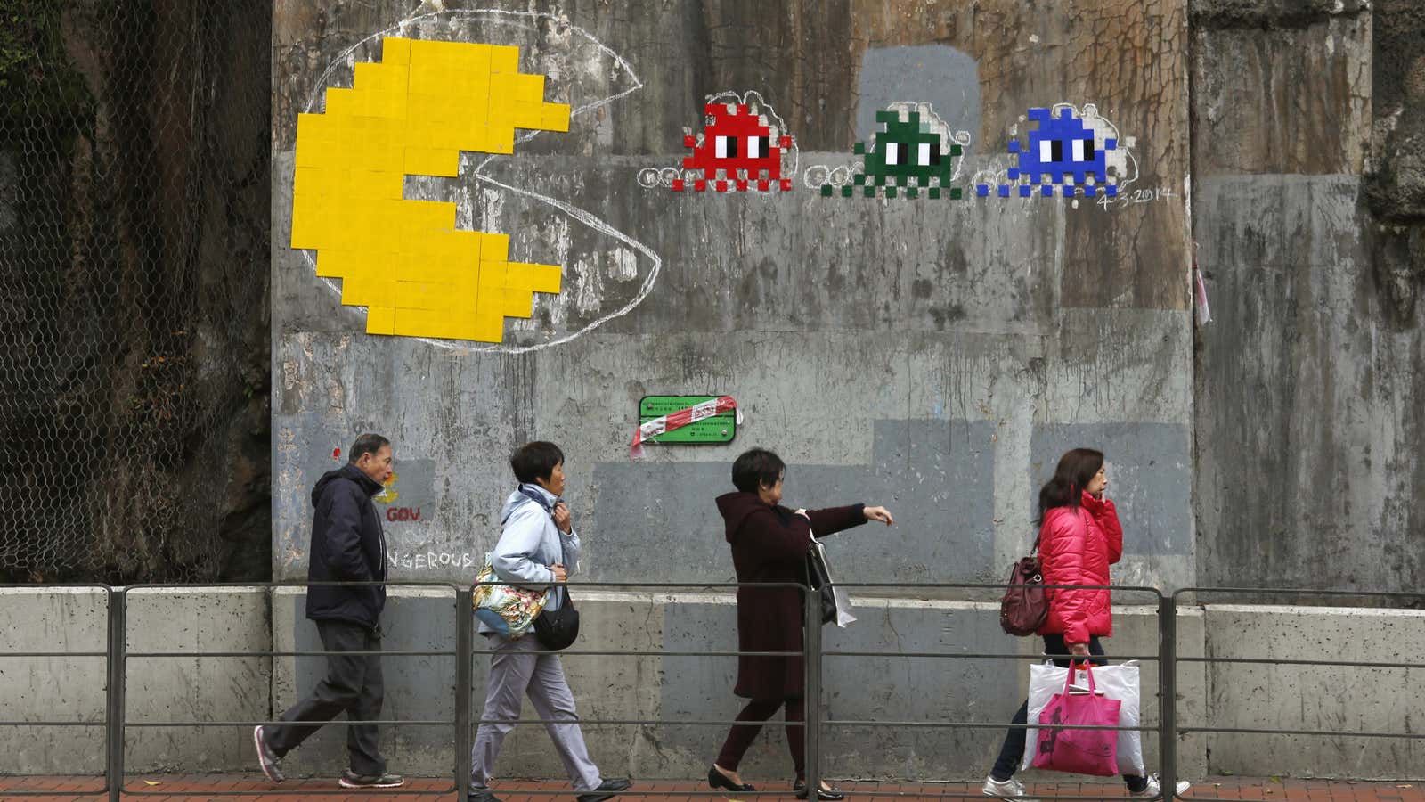 A copy of Invader’s Pac Man mural in Hong Kong. The original was destroyed for “safety” reasons.