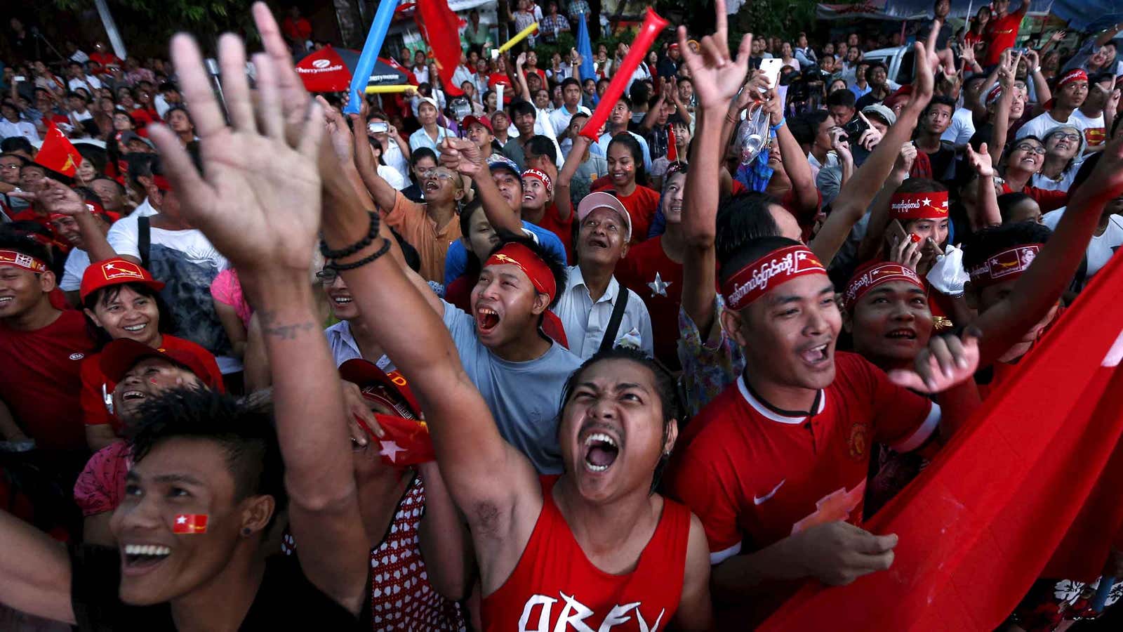 Supporters of Aung San Suu Kyi gather on Nov. 9.