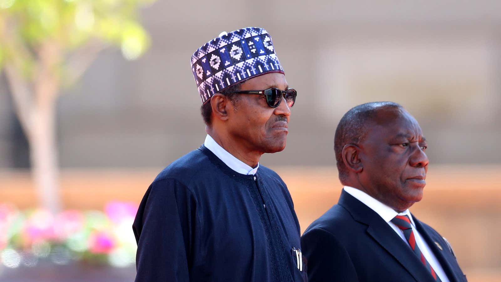 Nigeria’s president Muhammadu Buhari with his South African counterpart Cyril Ramaphosa in Pretoria, South Africa, October 3, 2019.